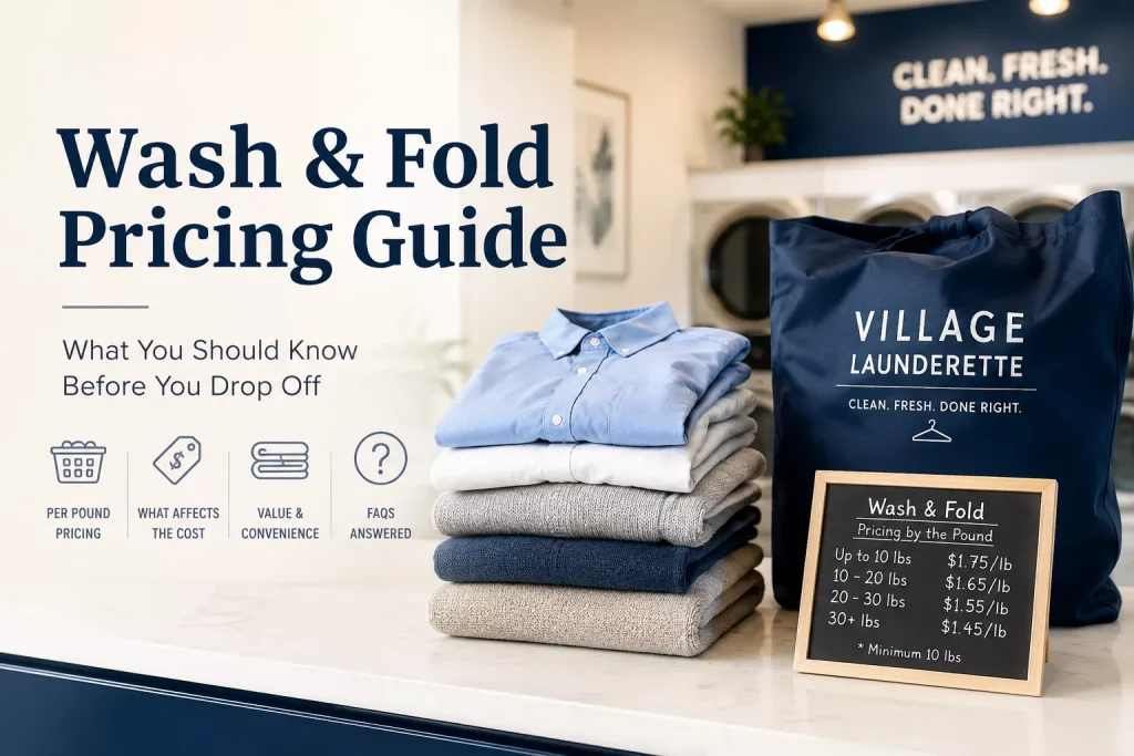 Folded laundry and wash & fold pricing guide display inside Village Launderette, illustrating professional laundry service pricing and pickup options.