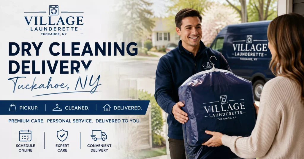Village Launderette driver delivering freshly dry cleaned garments to a customer in Tuckahoe, NY with convenient pickup and delivery service.