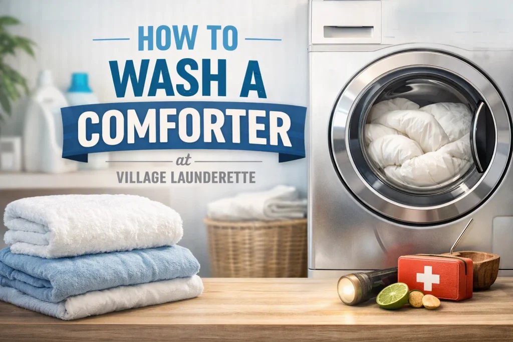 A header image of stack of towels folded, a commercial washer with a conforter inside, and the title How to Wash A Comforter
