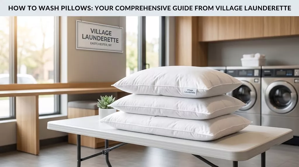 **Alt Text:** `Freshly washed white pillows stacked inside Village Launderette in Eastchester NY`