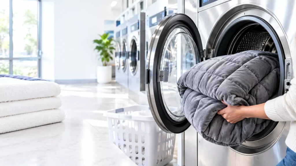 Person loading a gray weighted blanket into a commercial washing machine in a bright, modern laundromat with oversized washers and neatly folded towels nearby.